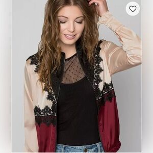 Gimmicks Satin Color Block Bomber Jacket Lace Detail Cream, Red & Black Size M